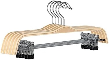 JS HANGER Natural Finish Wooden Pant Hangers with Anti-rust Hook and 2-Adjustable Clips, 5-Pack