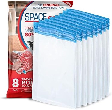 Spacesaver Premium Travel Roll-Up Storage Bags with Double-Zip Seal and Triple-Seal Turbo Valve, Get 80% More Storage - Space Saver Bags for Travel - Compression Bags for Travel (Travel 8 Pack)
