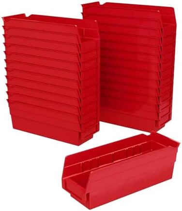 Akro-Mils 30120 Plastic Shelf Bins, Heavy Duty Storage Bins to Use for Garage Organization Bins, Closet Organizer, and Drawer Organizer, 12-Inch x 4-Inch x 4-Inch, Red, 24-Pack