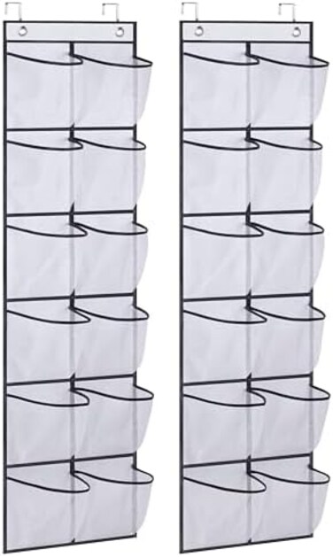 Misslo Over The Door Shoe Organizer 12 Large Mesh Pockets Hanging Narrow Closet Door, White, 2 Pack