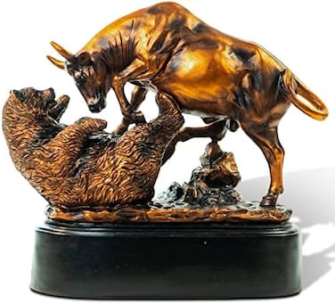 MEPERPER Treasure of Nature Bronze Electroplated Resin Bull &amp; Bear Sculpture Statue 10 W X 9.5 H