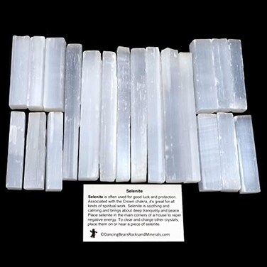 DANCING BEAR 2 Pound Selenite Small Sticks- Wands Premium Hand-Sorted Plus Include a Piece of Black Tourmaline Crystal and Educational ID Cards, Bulk, Reiki, Chakra, Good Luck &amp; Protection