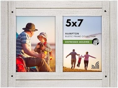 Americanflat 5x7 Double Picture Frame with Polished, Crystal Clear Glass - Hampton Collection - Distress Wood Collage Picture Frames for Tabletop and Wall Display - Aspen White