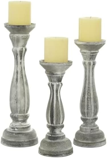 Deco 79 Traditional Wood Solid Candle Holder, Set Of 3 15", 13", 11"H, White