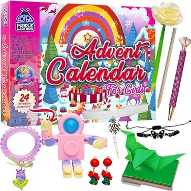 PURPLE LADYBUG Advent Calendar 2019 Gifts For Girls With 24 Unique Gifts Including Unicorn Accessories, Hair Clips, Kids' Stamps, Cute Bracelets, A Large Hair Bow, And Much More! Adorable Countdown Ca