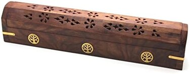 Govinda Wooden Coffin Incense Burner - 12" Tree of Life - Brass Inlays - Storage Compartment