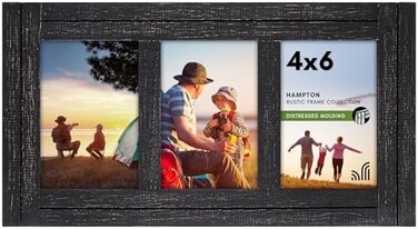 Americanflat 4x6 Triple Picture Frame with Polished, Crystal Clear Glass - Hampton Collection - Distress Wood Collage Picture Frames for Tabletop and Wall Display - Charcoal Black