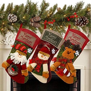 Sunnyglade 3PCS 18" Christmas Stocking Classic Personalized Large Stockings Santa, Snowman, Reindeer Xmas Character for Family Holiday Christmas Party Decorations