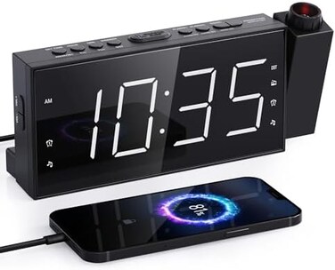 Mesqool Projection Alarm Clock for Bedroom - AM FM Radio &amp; Sleep Timer, 180&deg; Projector, 7" Large Digital LED Display&amp;Dimmer, Dual Alarms, USB Charger, Battery Backup Desk Wall Ceiling Plug -in Clock