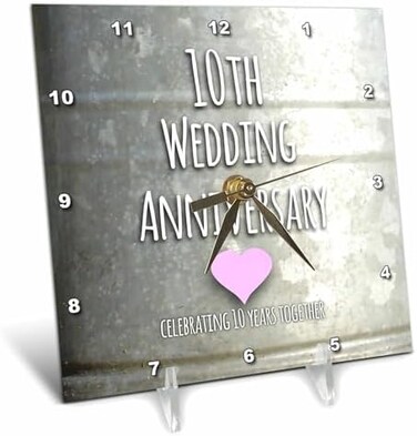 3dRose 10th Wedding Tin Celebrating 10 Years Together - Tenth Anniversaries Ten yrs - Desk Clock, 6 by 6-Inch (dc_154441_1)