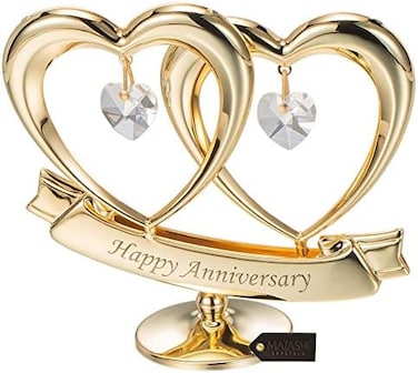 Matashi Gift for Anniversary - 24K Gold Plated Attractive Happy Anniversary Double Heart Table Top Ornament Made with Clear Crystals - Anniversary Decoration for Couples Friends Mom Dad - Cake Topper