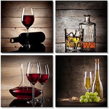 Wieco Art Red Wine Cups HD Modern 4 Pieces Stretched and Framed Abstract Giclee Canvas Prints Artwork Contemporary Vintage Pictures Paintings on Wall for Kitchen Home Decorations
