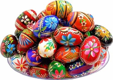 البيض الخشبي المطلي يدويًا بنمط عيد الفصح البولندي (بيسانكي)، مجموعة من 6 قطع
