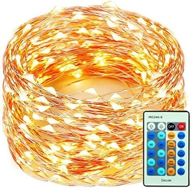 ديكيوت سلسلة مصابيح LED بسلك نحاسي بطول 99 قدم قابلة للتعتيم مع جهاز تحكم عن بعد، مصابيح كريسماس معتمدة من يو ال لحفلات الزفاف وغرفة النوم وشجرة الكريسماس، ابيض دافئ