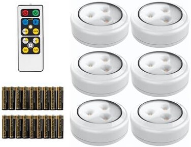 برليانت ايفوليوشن مصابيح ضغط بالضغط 6 قطع مع بطاريات + جهاز تحكم عن بعد، مصابيح LED لاصقة تحت الخزائن تعمل بالبطارية مع جهاز تحكم عن بعد - اضاءة ليلية لاسلكية للخزانة والمطبخ