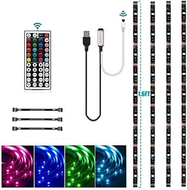 مجموعة شريط اضاءة LED بمنفذ USB، 4 شرائط مقطوعة مسبقا و3 مشابك تثبيت اسلاك و44 مفتاح تحكم عن بعد صغير بالوان الفضاء اللوني ار جي بي، شريط اضاءة LED باضاءة خلفية للتلفزيون (اضاءة خلفية USB)