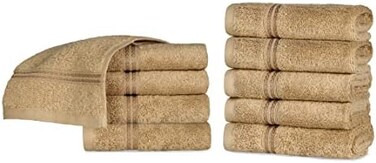 مجموعة مناشف للوجه فاخرة فاخرة وناعمة بجودة الفنادق والمنتجعات الصحية من 10 قطع، مصنوعة من 100% قطن فاخر طويل التيلة وممشط - لون محمص، 33 سم × 33 سم لكل منها