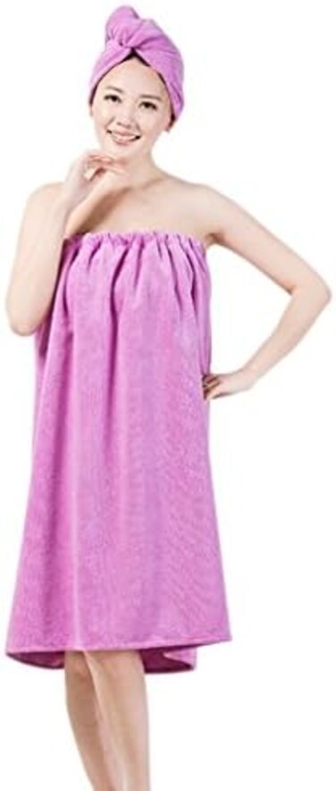 فيك فيس (ارجواني فاتح) - فستان انبوبي منشفة، قطيفة ناعمة نقية يمكن ارتداؤها، منشفة استحمام للسبا والاستحمام، منشفة ملفوفة بدون حمالات، منشفة استحمام، رداء حمام، مجموعة عمامة شعر للنساء والسيدات،