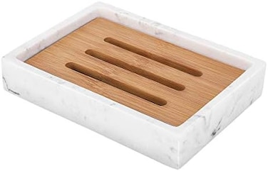 Luxspire Resin Soap Dish, Soap Holder with Bamboo Board, Storage Tray with Double Layers for Storing Candle, Soap in Bathroom, Kitchen, and Toilet - White