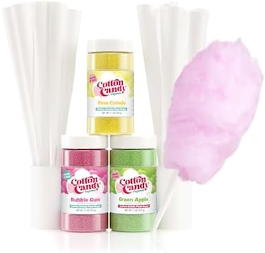 Cotton Candy Express Floss Sugar plus Cones with 3-11oz Plastic Jars of Bubble Gum, Green Apple &amp; Pina Colada Flossing Sugars. 50 Paper Cones Included. Use with Cotton Candy Express Machine