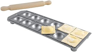 Eppicotispai 12-Hole Aluminum Round Ravioli Maker with Rolling Pin