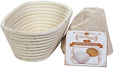 Saint Germain Bakery (10 x 6 x 4 inch) Premium Oval Banneton Basket with Liner - Perfect Brotform Proofing Basket for Making Beautiful Bread