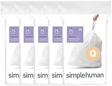 simplehuman Code Q Custom Fit Drawstring Trash Bags in Dispenser Packs, 100 Count, 50-65 Liter / 13.2-17.2 Gallon, White