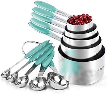 U-Taste Measuring Cups : 18/8 Stainless Steel Measuring Cups and Spoons Set of 10 Piece, Upgraded Thickness Handle(Aqua Sky)