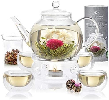Teabloom Complete Tea Set - Stovetop Safe Glass Teapot with 12 Flowering Teas, Tea Warmer, 4 Double Wall Teacups &amp; Removable Glass Infuser for Loose Leaf Tea - Celebration Flowering Tea Gift Set