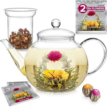 Teabloom Teapot Gift Set Stovetop Safe Glass Teapot with 2 Blooming Teas &amp; Removable Glass Infuser for Loose Leaf Tea 40 oz /1200 ml