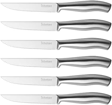 isheTao Steak Knives, Steak Knife Set of 6, 4.5 inches Steak Knife, Dishwasher Safe High Carbon Stainless Steel Steak Knife, Silver