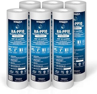 Ronaqua Sediment Water Filter Cartridge 10"x 2.5", Four Layers of Filtration, Removes Sand, Dirt, Silt, Rust, made from Polypropylene (6 Pack, 1 Micron)