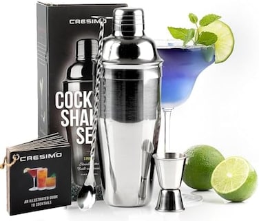 CRESIMO 24Oz Cocktail Mixing Bar Set With Accessories - Martini Set With Measuring Tool And Mixing Spoon, Plus Recipe Booklet - Professional Stainless Steel Bar Tools - Built-In Bartender Strainer