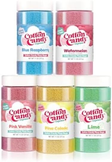 Cotton Candy Express Floss Sugar Variety Pack 5-11oz Plastic Jars of Lime, Watermelon, Pina Colada, Blue Raspberry, Pink Vanilla Flossing Sugars. Use with Cotton Candy Express countertop machine