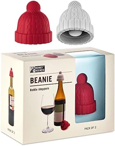 Monkey Business Beanie Cap Silicone Bottle Stopper, Set of Two, Novelty Cork Replacement, Beverage and wine Keeper, (Blue/Gray; Red/Gray; See Color Options)