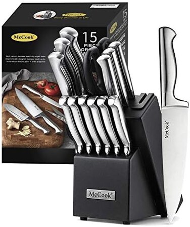 McCook Knife Sets, 15 Pieces, Knife Set with Block, German Stainless Steel, Integrated Sharpener, Stainless Steel/Black Block