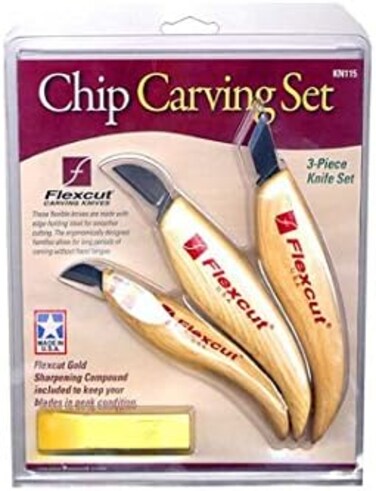 FLEXCUT KN115 Carving Knives, Chip Carving Set, High Carbon Steel Blades, Ergonomic Ash Handle, Set of 3