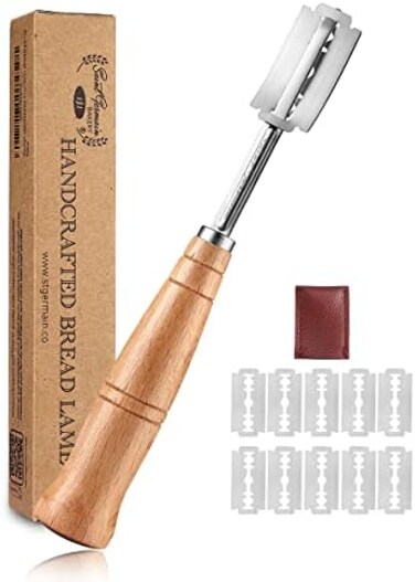 Saint Germain Bakery Premium Hand Crafted Bread Lame with 6 Blades Included - Best Dough Scoring Tool with Authentic Leather Protective Cover