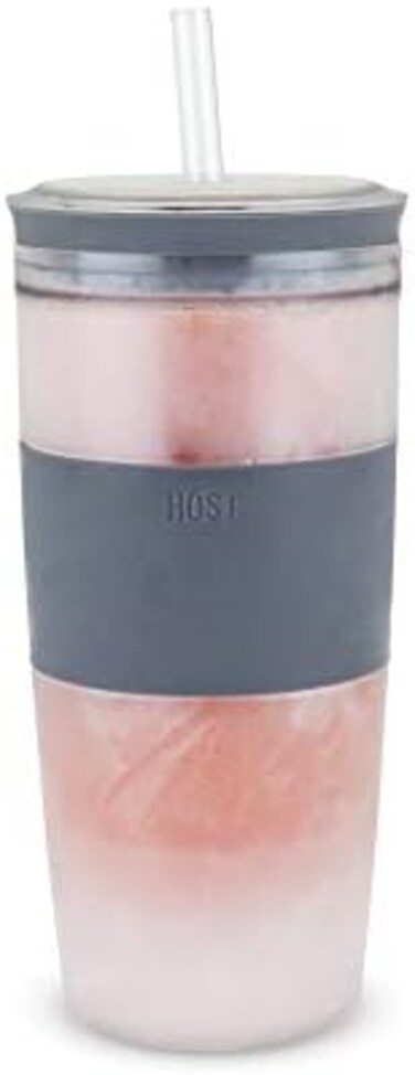 Host Double Wall Insulated Freezable Drink Chilling Tumbler with Freezing Gel Glasses for Red and White Wine, Straw and Lid, Plastic, 16 oz, Grey