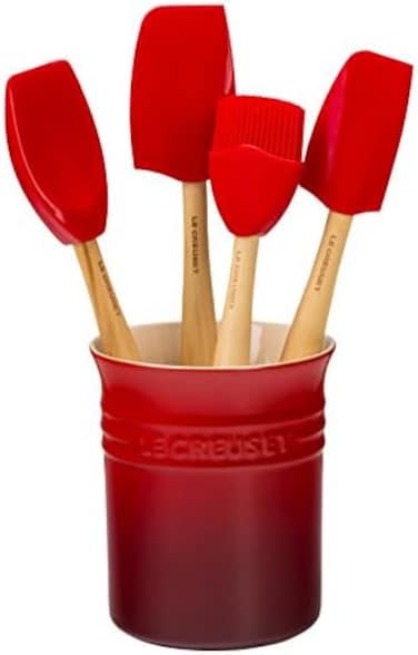 Le Creuset Silicone Craft Series Utensil Set with Stoneware Crock, 5 pc., Cerise