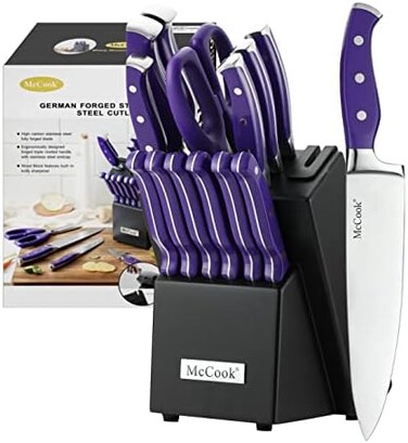 McCook MC27 14 Pieces FDA Certified High Carbon Stainless Steel kitchen knife set with Wooden Block, All-purpose Kitchen Scissors and Built-in Sharpener(Violet)