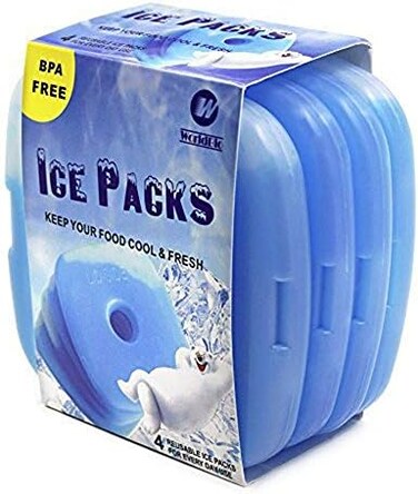 WORLD-BIO Ice Freezer Packs for Lunch Box Cooler, Reusable Cool Refreeze Blocks for Lunch Bags, Keeps Food Cold &amp; Fresh - Ideal for Kids School Lunch Boxes, Office/Picnic Lunch Set of 4, Blue