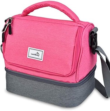 LunchBots Duplex Insulated Lunch Bag - Dual Section Design Fits Lunch Box for Adults Women Men, Bento Cinco Perfectly - Roomy Thermal Lunch Bag - Pink