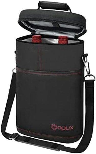 opux 2 Bottle Wine Carrier Tote, Insulated Leakproof Wine Cooler Bag, Wine Travel Bag Tote for Picnic BYOB Beach, Portable Wine Bottle Carrying Case, Gift for Wine Lover Women Men Christmas, Black