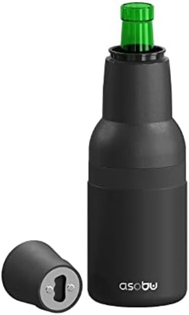 اسوبو علبة مشروبات فروستي بير 2 جو معزولة بتفريغ الهواء بجدار مزدوج من الستانلس ستيل ومبرد زجاجات مع فتاحة مشروبات (اسود)