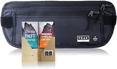 Peak Gear Travel Money Belt. Premium Quality Travel Wallet with RFID Blocking Fabric to Protect Credit Cards, Passports and Documents. Exclusive Theft Protection and 2 Recovery Tags   Regular   Black
