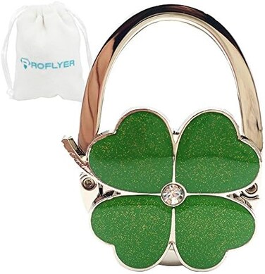 ROFLYER Four Leaf Clover Design Foldable Handbag Hanger Folding Purse Table Hook Holder, with Velvet Pouch(Green)