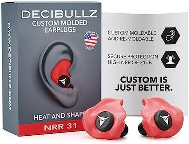 ديسيبلز - سدادات اذن مصبوبة مخصصة، 31 ديسيبل اعلى نسبة ان ار ار، حماية مريحة للسمع للرماية والسفر والسباحة والعمل والحفلات الموسيقية (احمر)