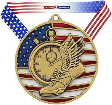 Decade Awards Track &amp; Field Patriotic Medal - Gold, Silver, Bronze   Red, White, Blue Running Award Stars Stripes American Flag Neck Ribbon   2.75 Inch Wide 2.75 inch diameter gold
