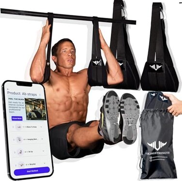 Vikingstrength AB straps - Premium Padded Home Gym Exerciser Ab Slings pair for pull up bar - Hanging Leg Raiser Fitness for six pack - Workout Equipment for Men &amp; Women, Bag and V-Strength Workout